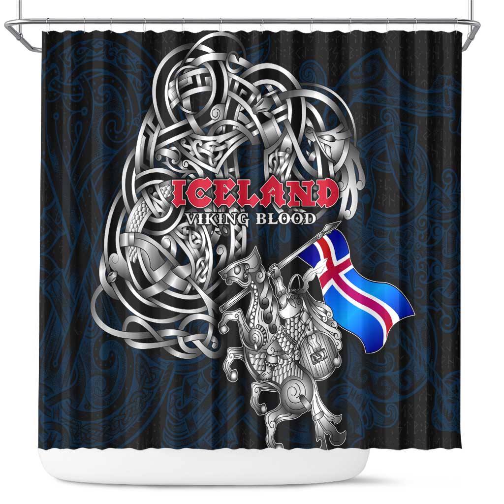 Iceland Viking Blood Shower Curtain Nordic Runes and Shield of Ancestry in Tribal Knotwork