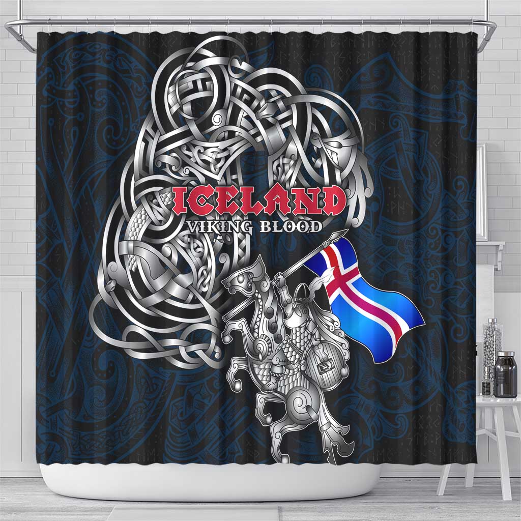 Iceland Viking Blood Shower Curtain Nordic Runes and Shield of Ancestry in Tribal Knotwork