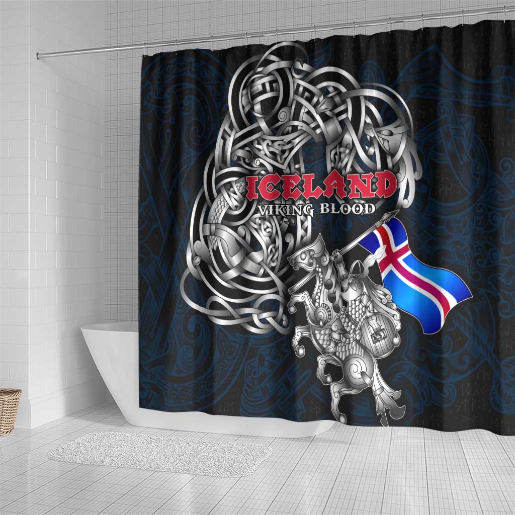 Iceland Viking Blood Shower Curtain Nordic Runes and Shield of Ancestry in Tribal Knotwork