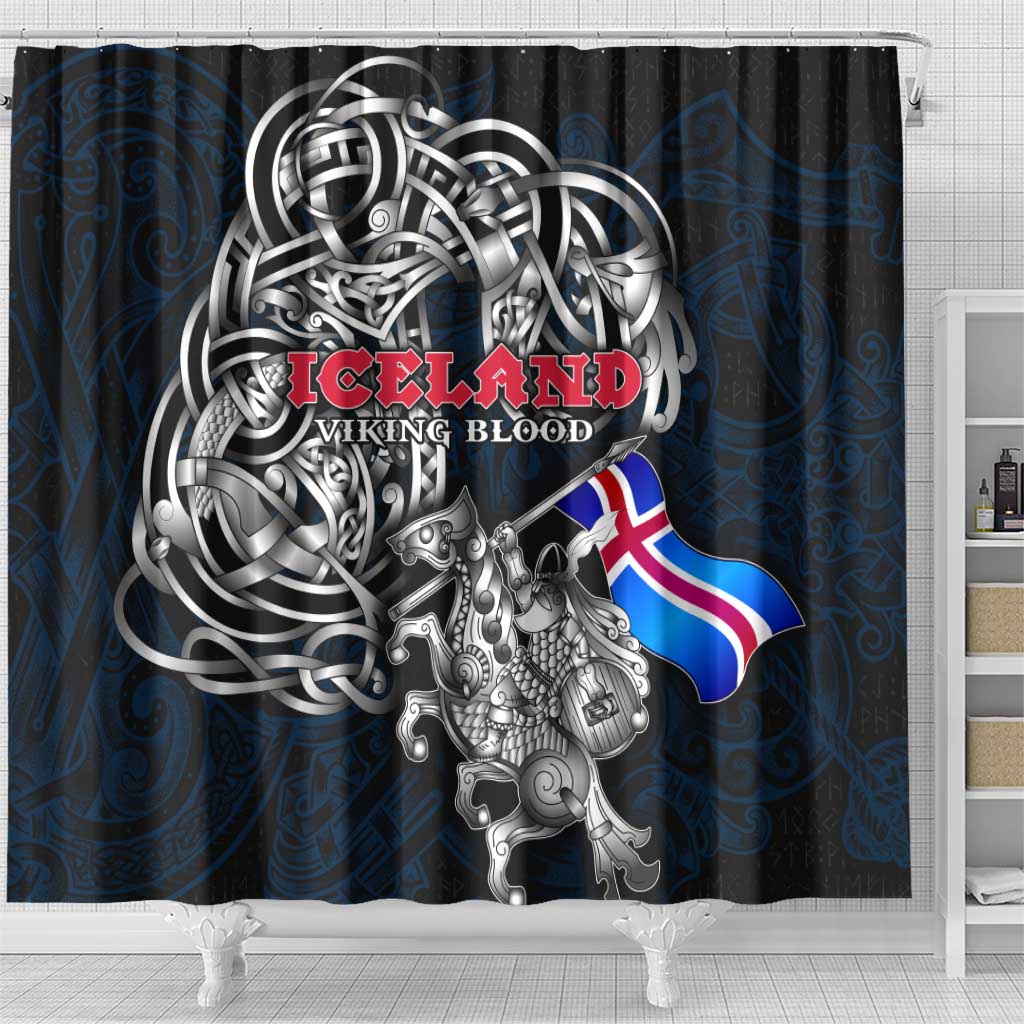 Iceland Viking Blood Shower Curtain Nordic Runes and Shield of Ancestry in Tribal Knotwork