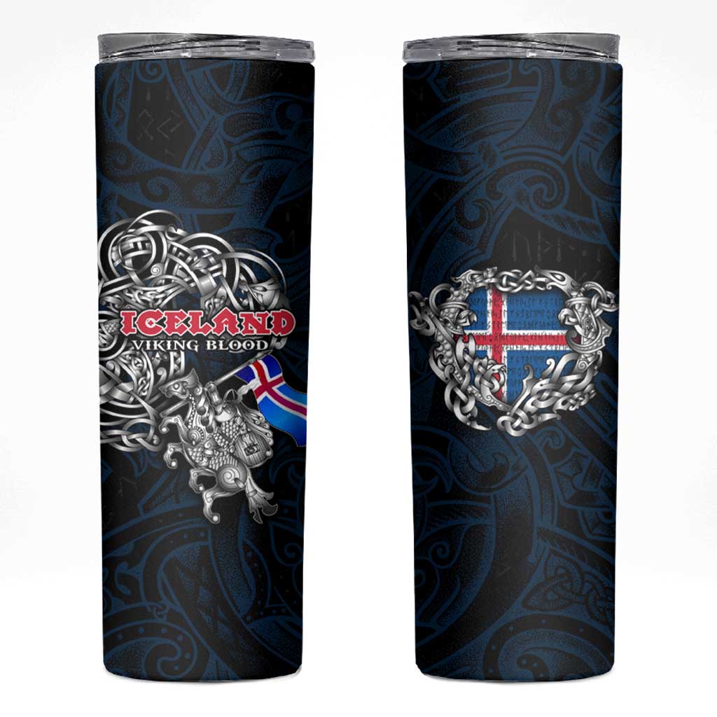 Iceland Viking Blood Skinny Tumbler Nordic Runes and Shield of Ancestry in Tribal Knotwork