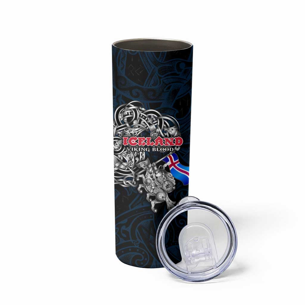 Iceland Viking Blood Skinny Tumbler Nordic Runes and Shield of Ancestry in Tribal Knotwork