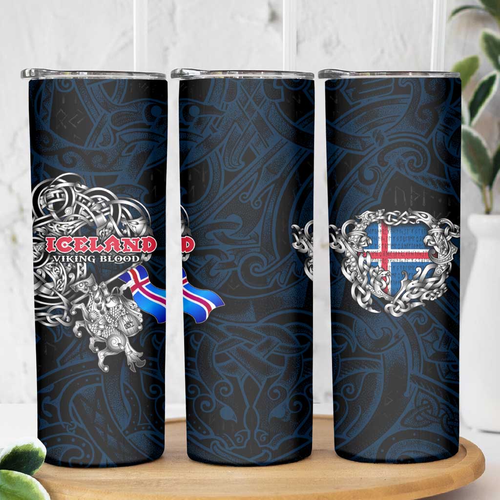 Iceland Viking Blood Skinny Tumbler Nordic Runes and Shield of Ancestry in Tribal Knotwork