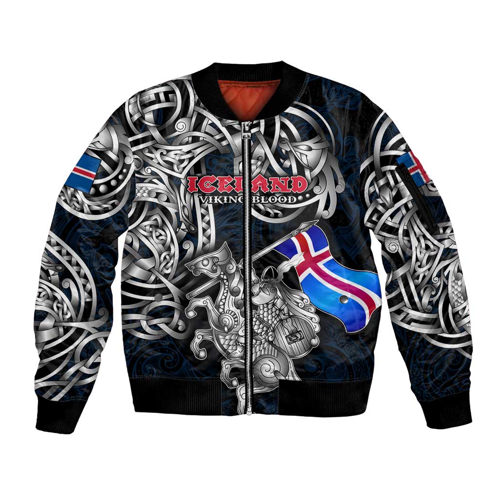 Personalized Iceland Viking Blood Sleeve Zip Bomber Jacket Nordic Runes and Shield of Ancestry in Tribal Knotwork