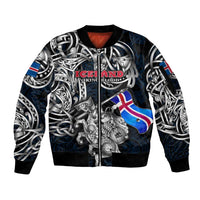 Personalized Iceland Viking Blood Sleeve Zip Bomber Jacket Nordic Runes and Shield of Ancestry in Tribal Knotwork