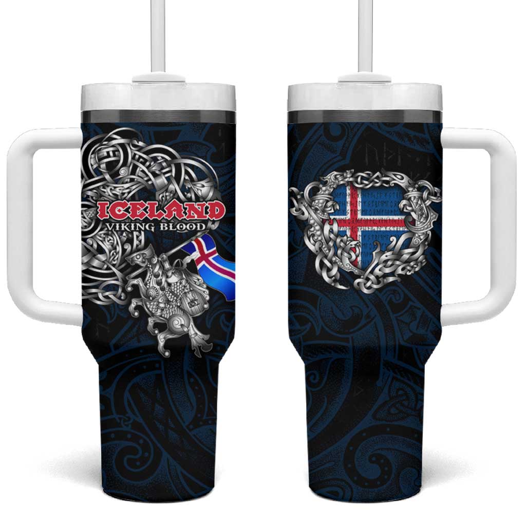 Iceland Viking Blood Tumbler With Handle Nordic Runes and Shield of Ancestry in Tribal Knotwork