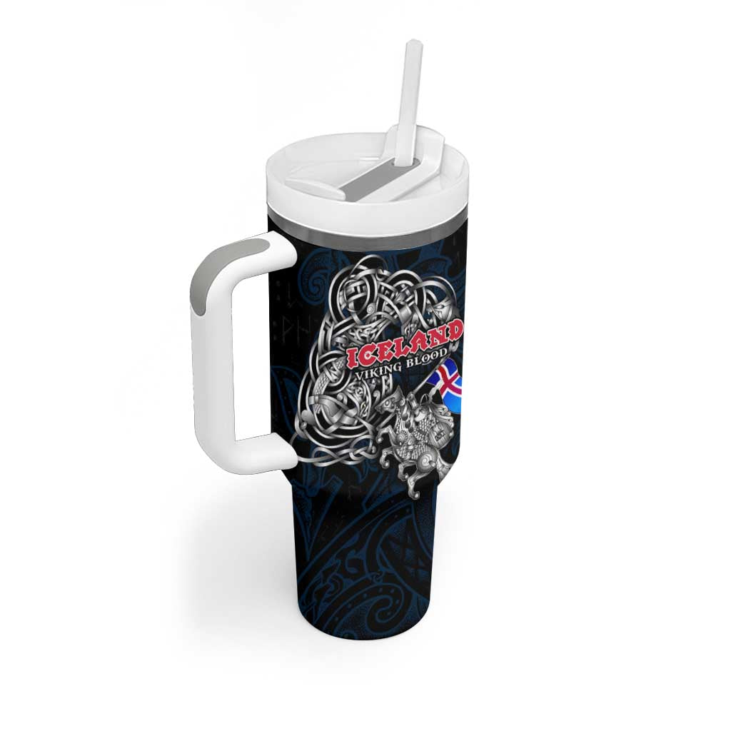 Iceland Viking Blood Tumbler With Handle Nordic Runes and Shield of Ancestry in Tribal Knotwork