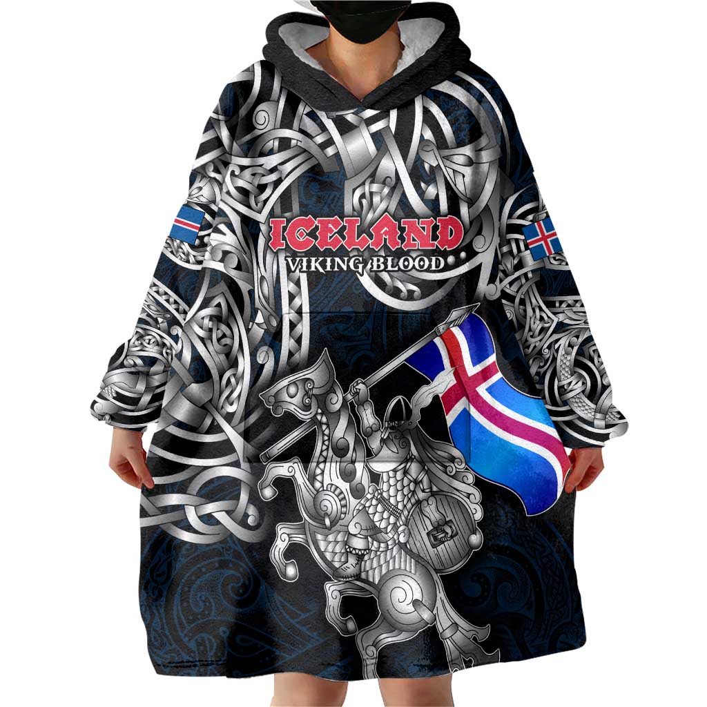 Personalized Iceland Viking Blood Wearable Blanket Hoodie Nordic Runes and Shield of Ancestry in Tribal Knotwork