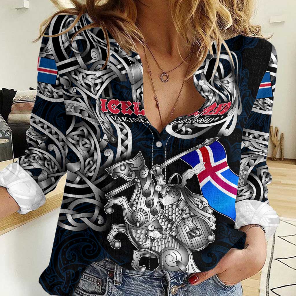 Personalized Iceland Viking Blood Women Casual Shirt Nordic Runes and Shield of Ancestry in Tribal Knotwork