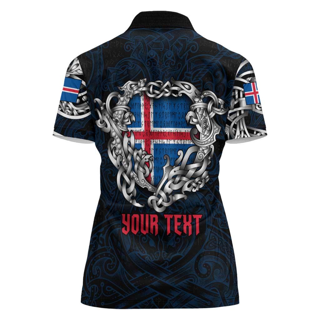 Personalized Iceland Viking Blood Women Polo Shirt Nordic Runes and Shield of Ancestry in Tribal Knotwork