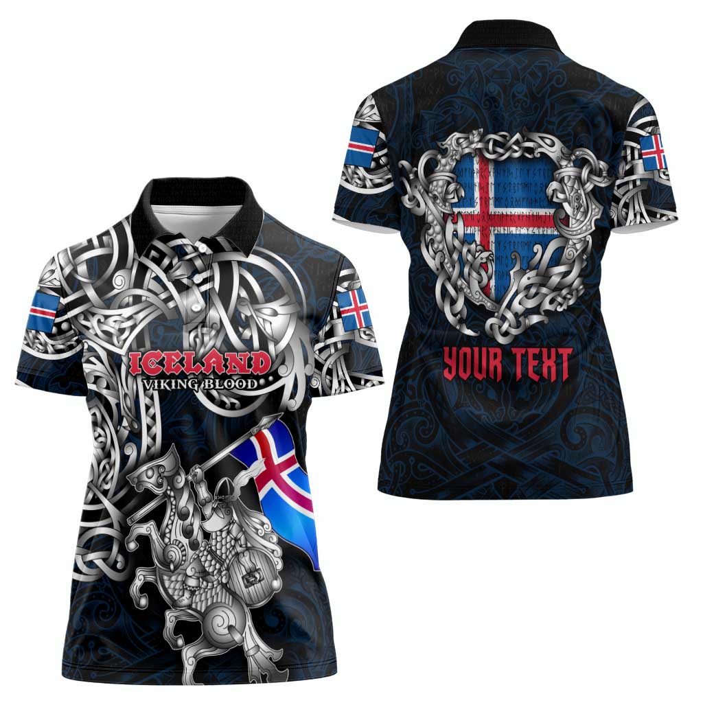 Personalized Iceland Viking Blood Women Polo Shirt Nordic Runes and Shield of Ancestry in Tribal Knotwork