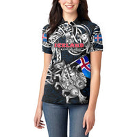 Personalized Iceland Viking Blood Women Polo Shirt Nordic Runes and Shield of Ancestry in Tribal Knotwork