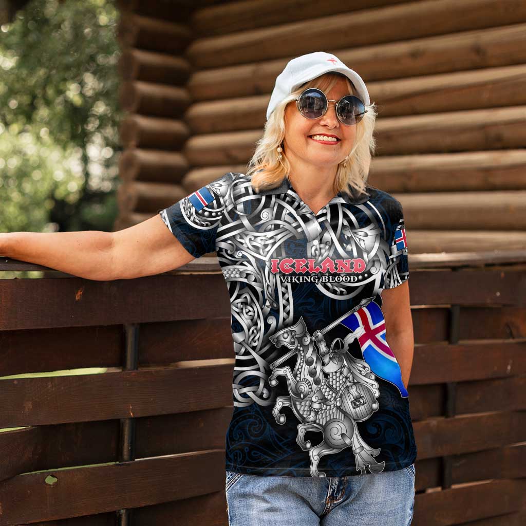 Personalized Iceland Viking Blood Women Polo Shirt Nordic Runes and Shield of Ancestry in Tribal Knotwork