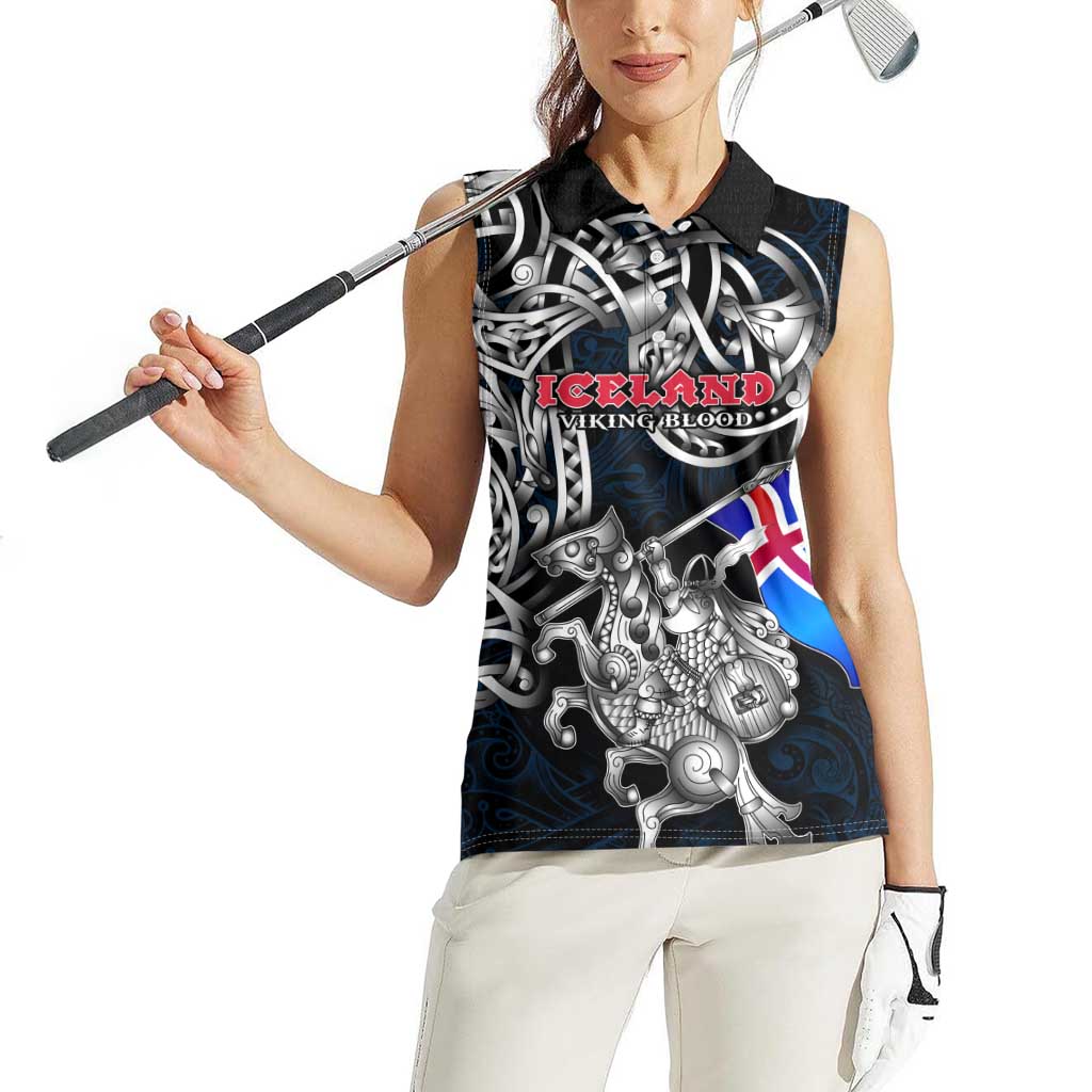 Personalized Iceland Viking Blood Women Sleeveless Polo Shirt Nordic Runes and Shield of Ancestry in Tribal Knotwork