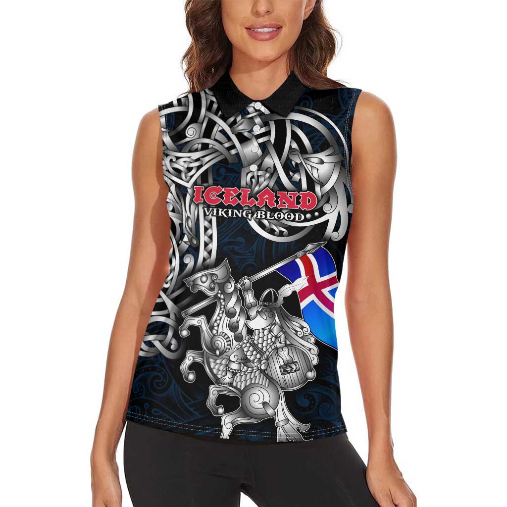 Personalized Iceland Viking Blood Women Sleeveless Polo Shirt Nordic Runes and Shield of Ancestry in Tribal Knotwork