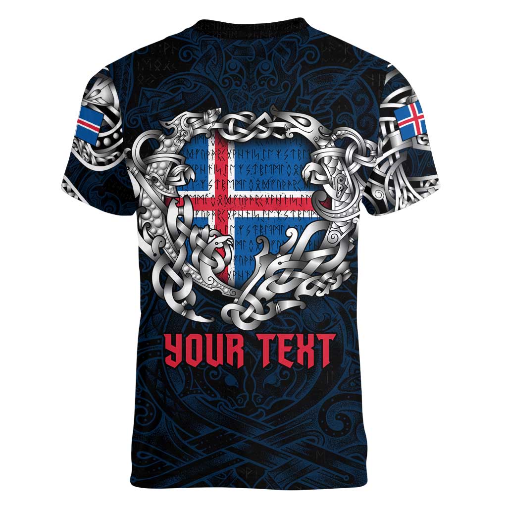 Personalized Iceland Viking Blood Women V-Neck T-Shirt Nordic Runes and Shield of Ancestry in Tribal Knotwork