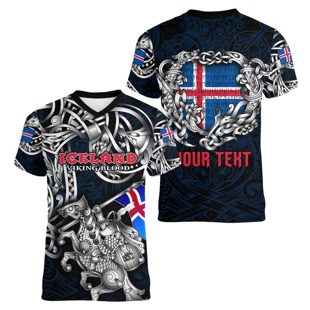 Personalized Iceland Viking Blood Women V-Neck T-Shirt Nordic Runes and Shield of Ancestry in Tribal Knotwork