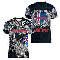 Personalized Iceland Viking Blood Women V-Neck T-Shirt Nordic Runes and Shield of Ancestry in Tribal Knotwork