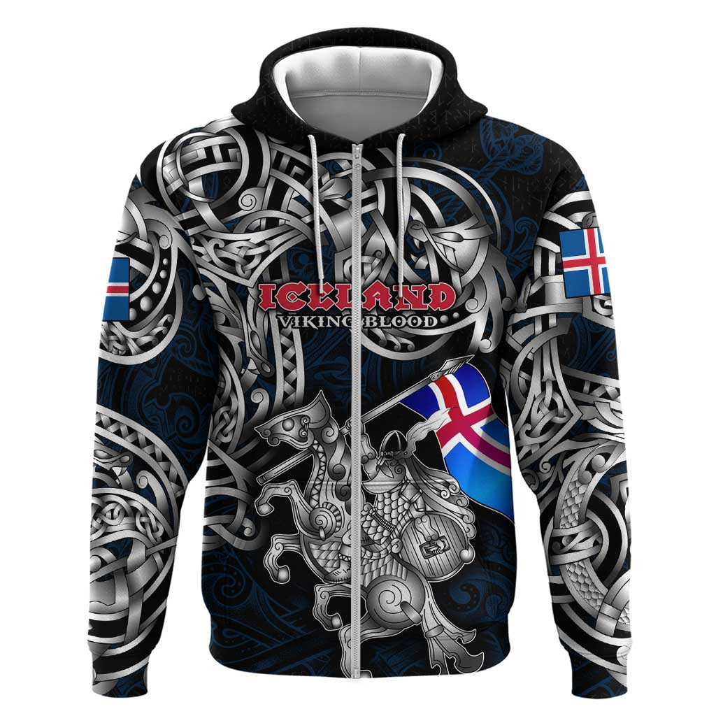 Personalized Iceland Viking Blood Zip Hoodie Nordic Runes and Shield of Ancestry in Tribal Knotwork