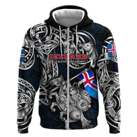Personalized Iceland Viking Blood Zip Hoodie Nordic Runes and Shield of Ancestry in Tribal Knotwork