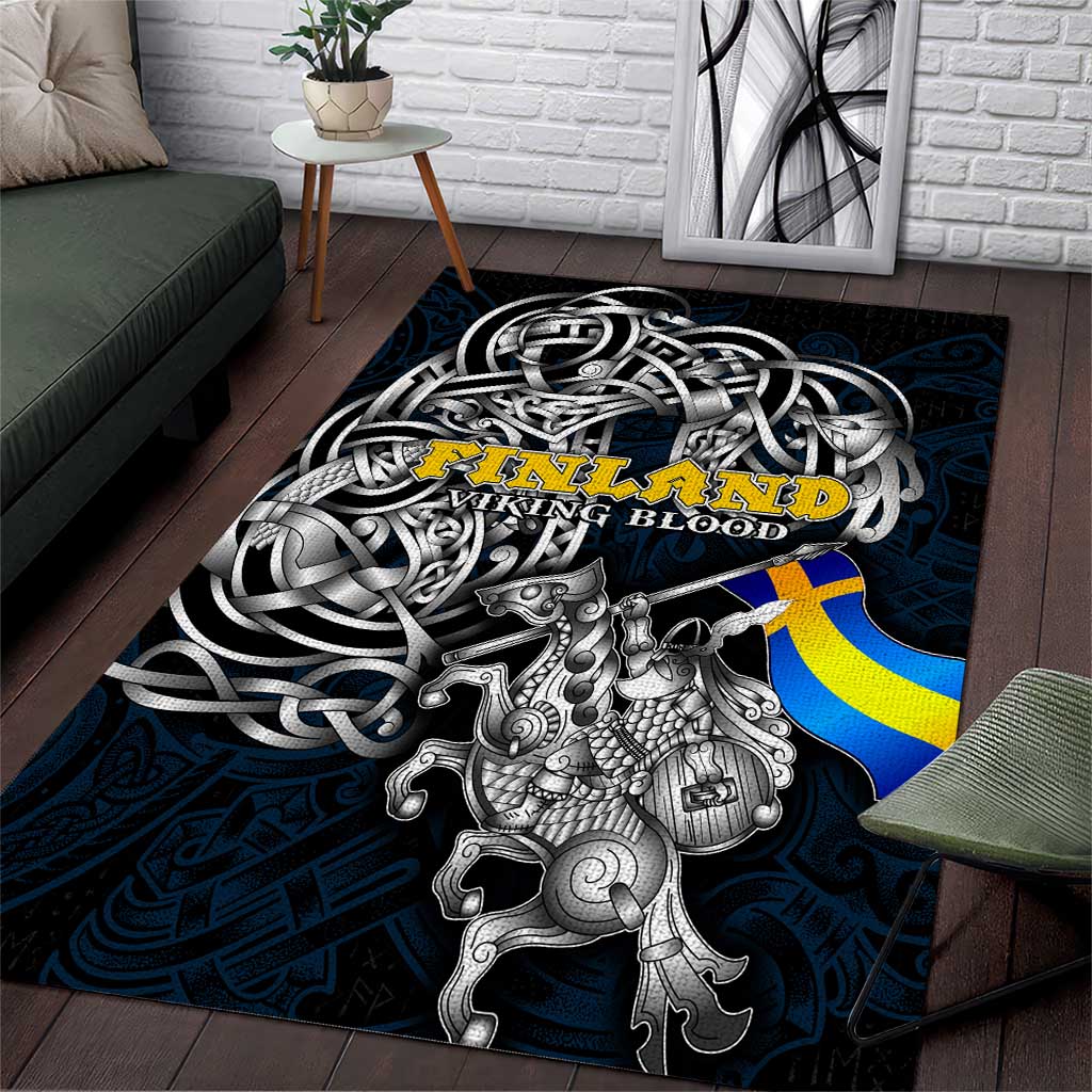 Sweden Viking Blood Area Rug Nordic Runes and Shield of Ancestry in Tribal Knotwork