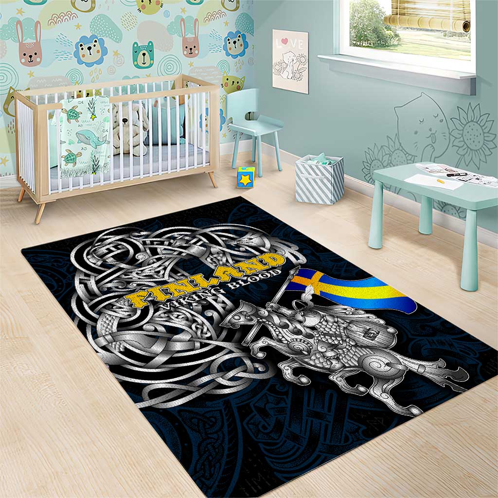 Sweden Viking Blood Area Rug Nordic Runes and Shield of Ancestry in Tribal Knotwork