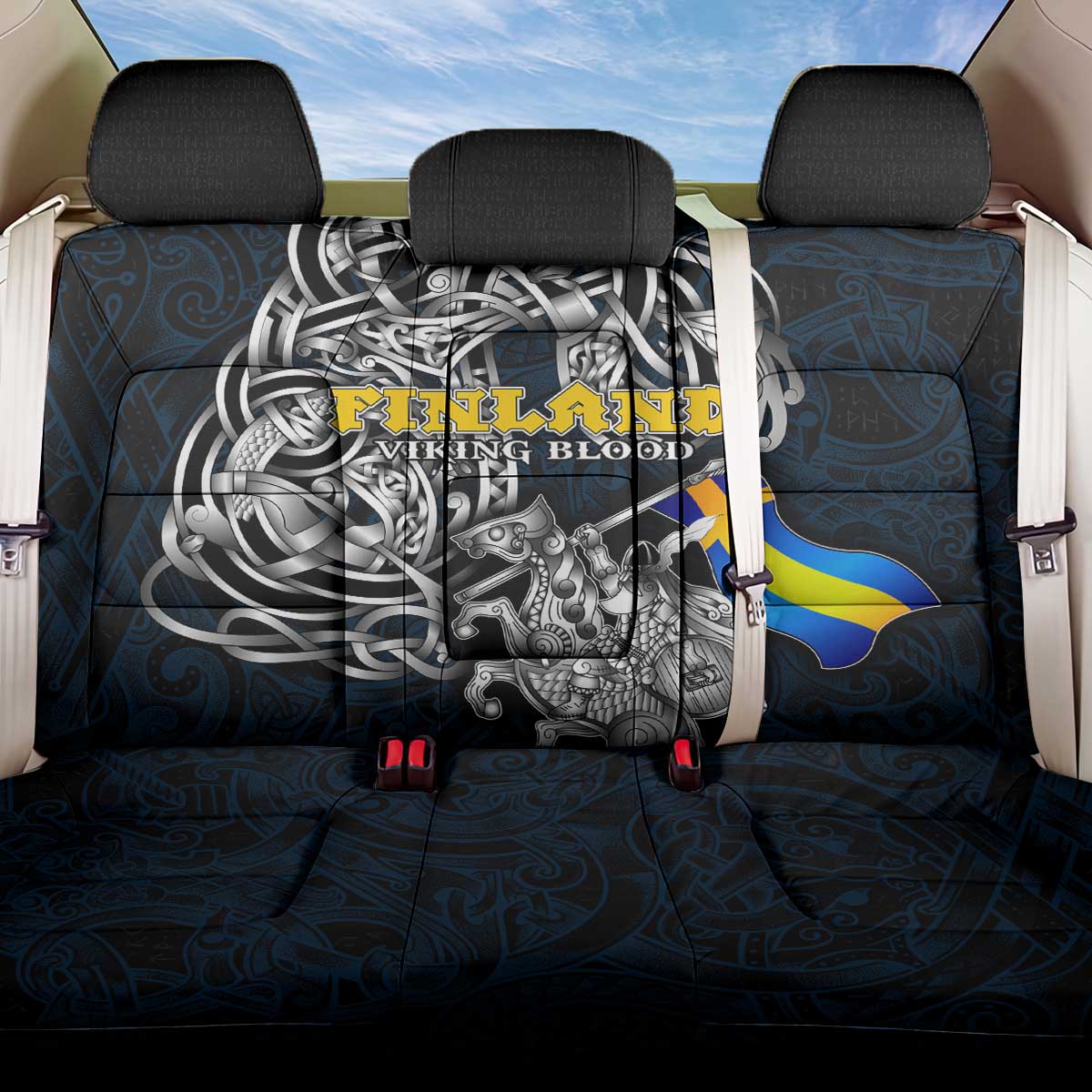 Sweden Viking Blood Back Car Seat Cover Nordic Runes and Shield of Ancestry in Tribal Knotwork
