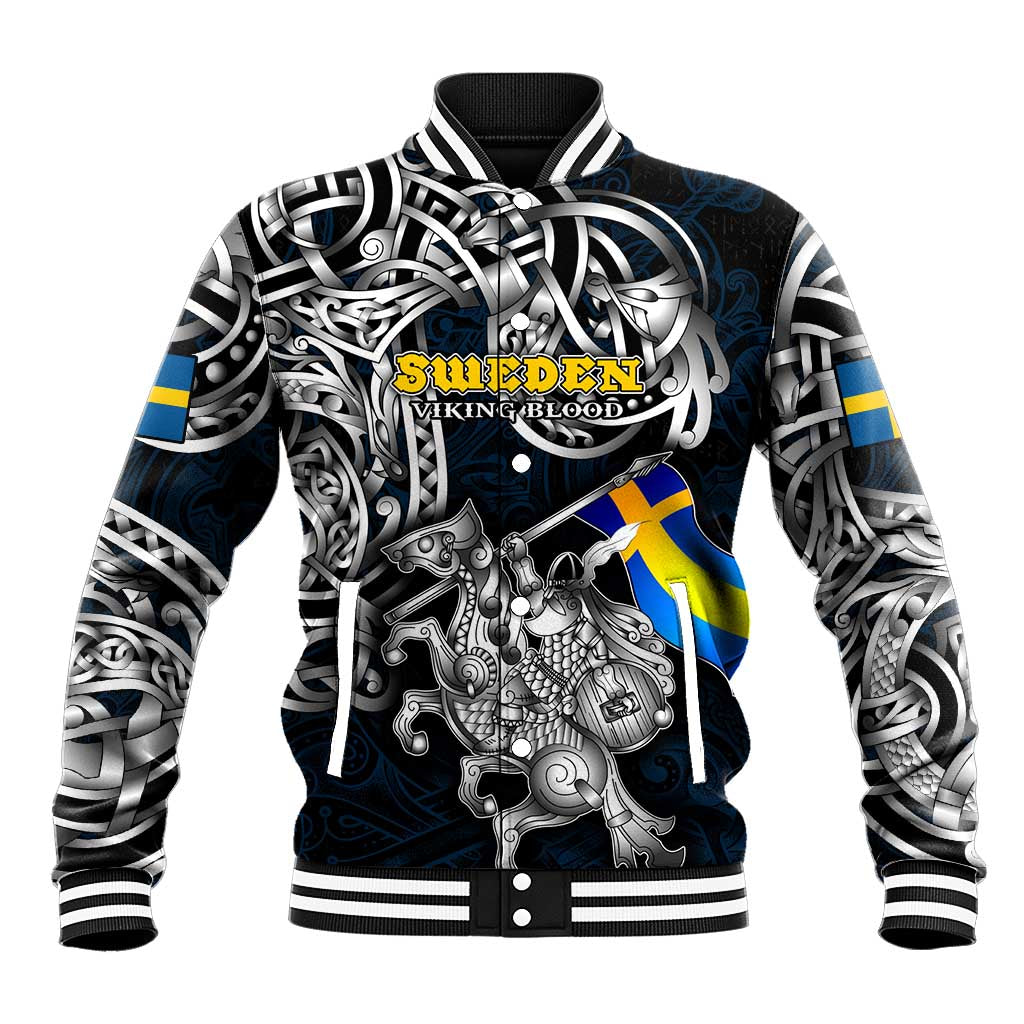 Personalized Sweden Viking Blood Baseball Jacket Nordic Runes and Shield of Ancestry in Tribal Knotwork