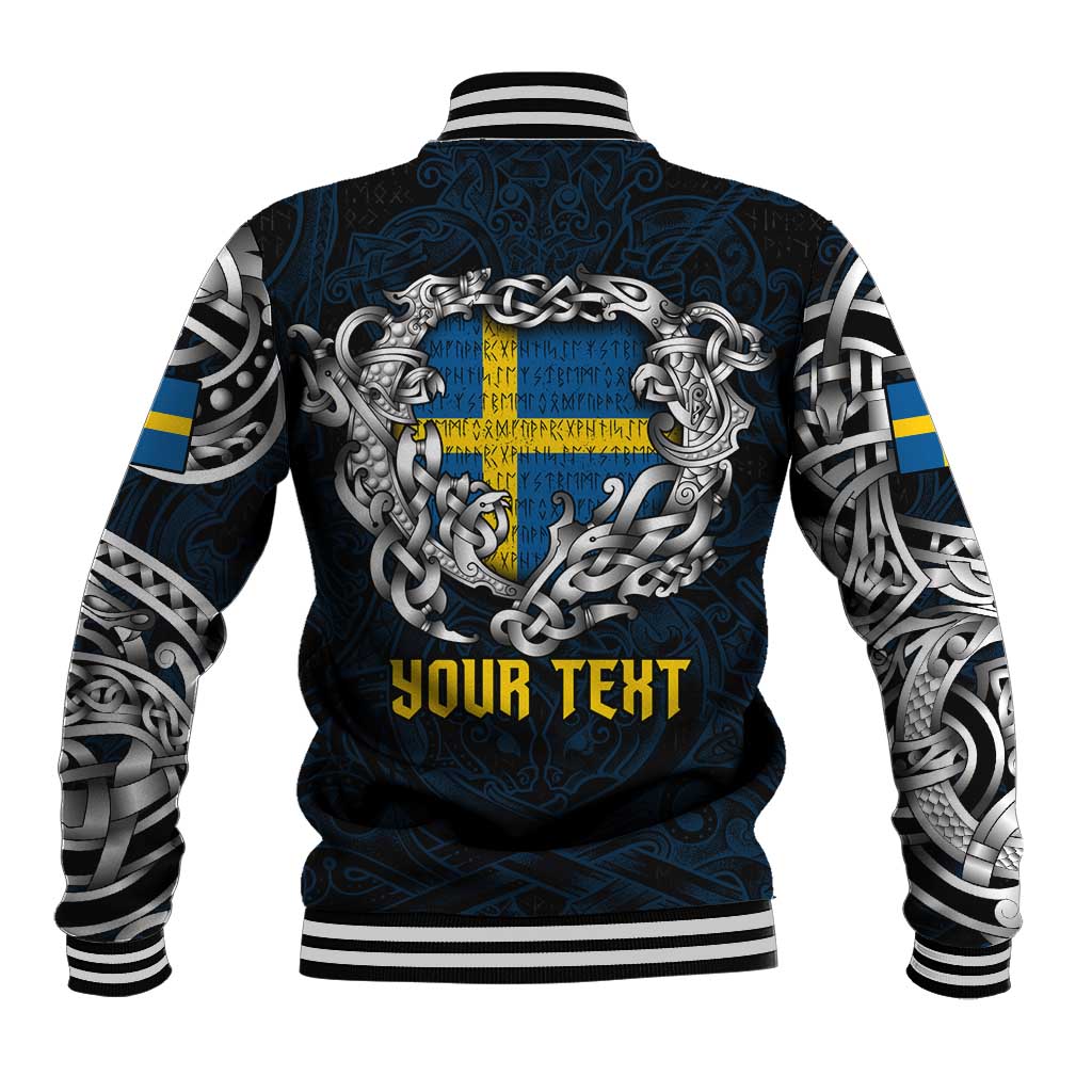 Personalized Sweden Viking Blood Baseball Jacket Nordic Runes and Shield of Ancestry in Tribal Knotwork