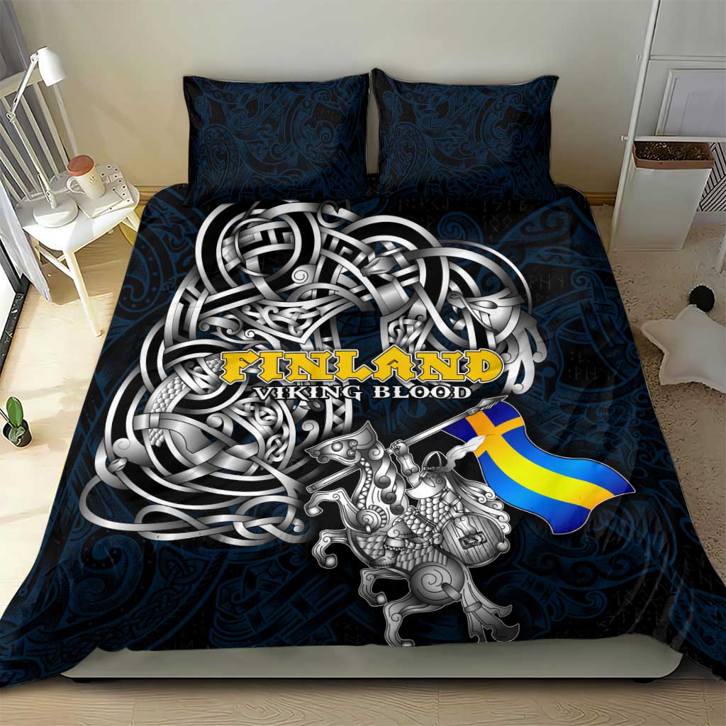 Sweden Viking Blood Bedding Set Nordic Runes and Shield of Ancestry in Tribal Knotwork
