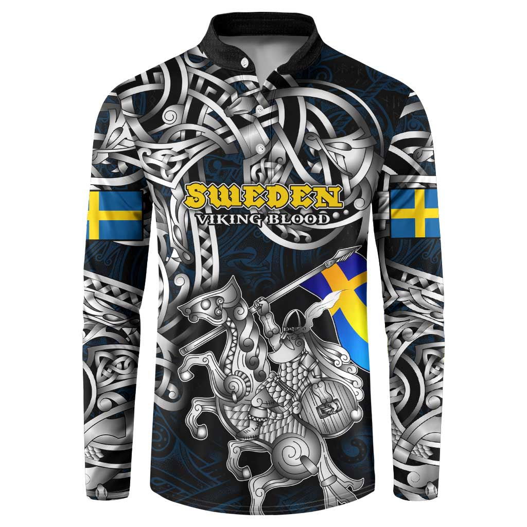 Personalized Sweden Viking Blood Button Sweatshirt Nordic Runes and Shield of Ancestry in Tribal Knotwork