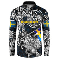 Personalized Sweden Viking Blood Button Sweatshirt Nordic Runes and Shield of Ancestry in Tribal Knotwork