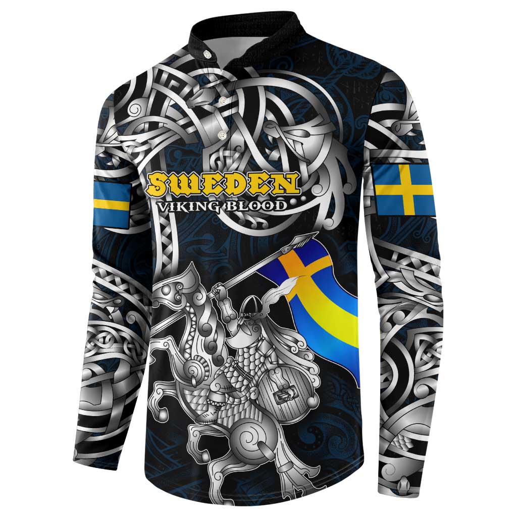 Personalized Sweden Viking Blood Button Sweatshirt Nordic Runes and Shield of Ancestry in Tribal Knotwork
