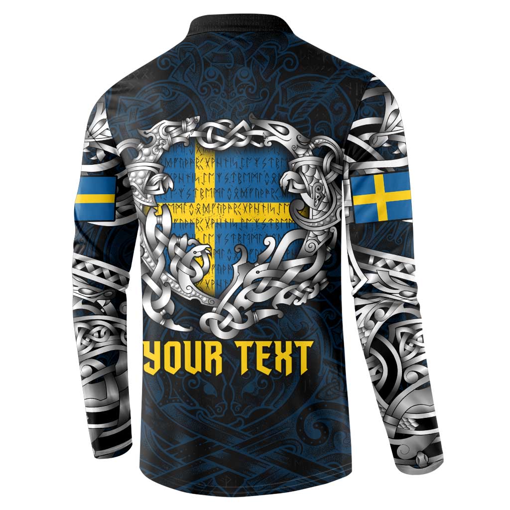 Personalized Sweden Viking Blood Button Sweatshirt Nordic Runes and Shield of Ancestry in Tribal Knotwork
