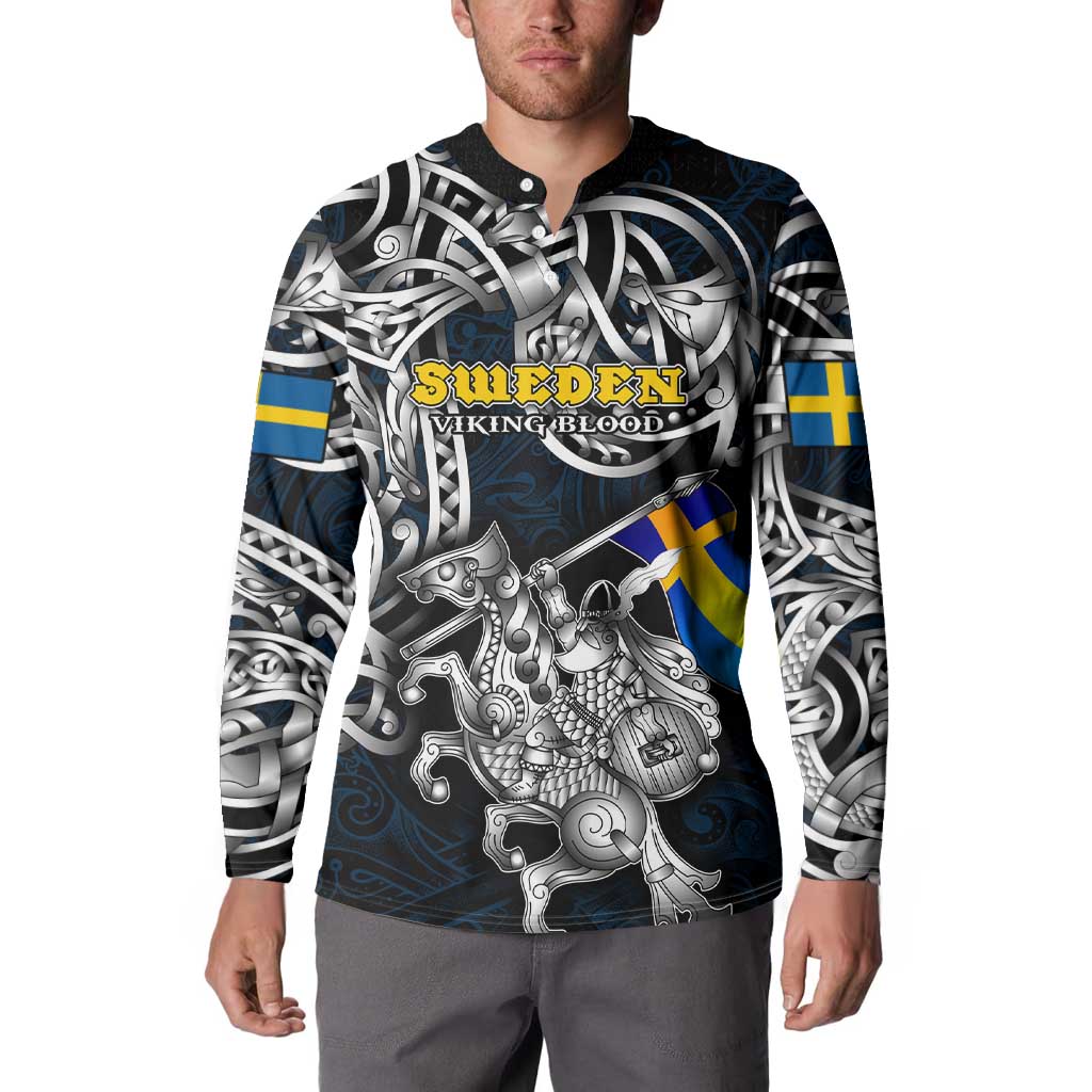Personalized Sweden Viking Blood Button Sweatshirt Nordic Runes and Shield of Ancestry in Tribal Knotwork