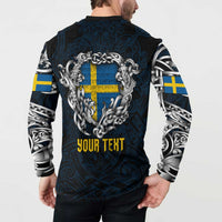 Personalized Sweden Viking Blood Button Sweatshirt Nordic Runes and Shield of Ancestry in Tribal Knotwork