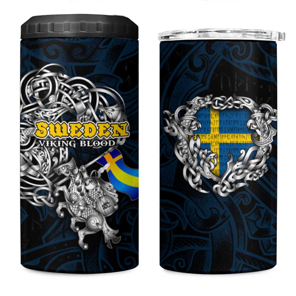 Sweden Viking Blood 4 in 1 Can Cooler Tumbler Nordic Runes and Shield of Ancestry in Tribal Knotwork