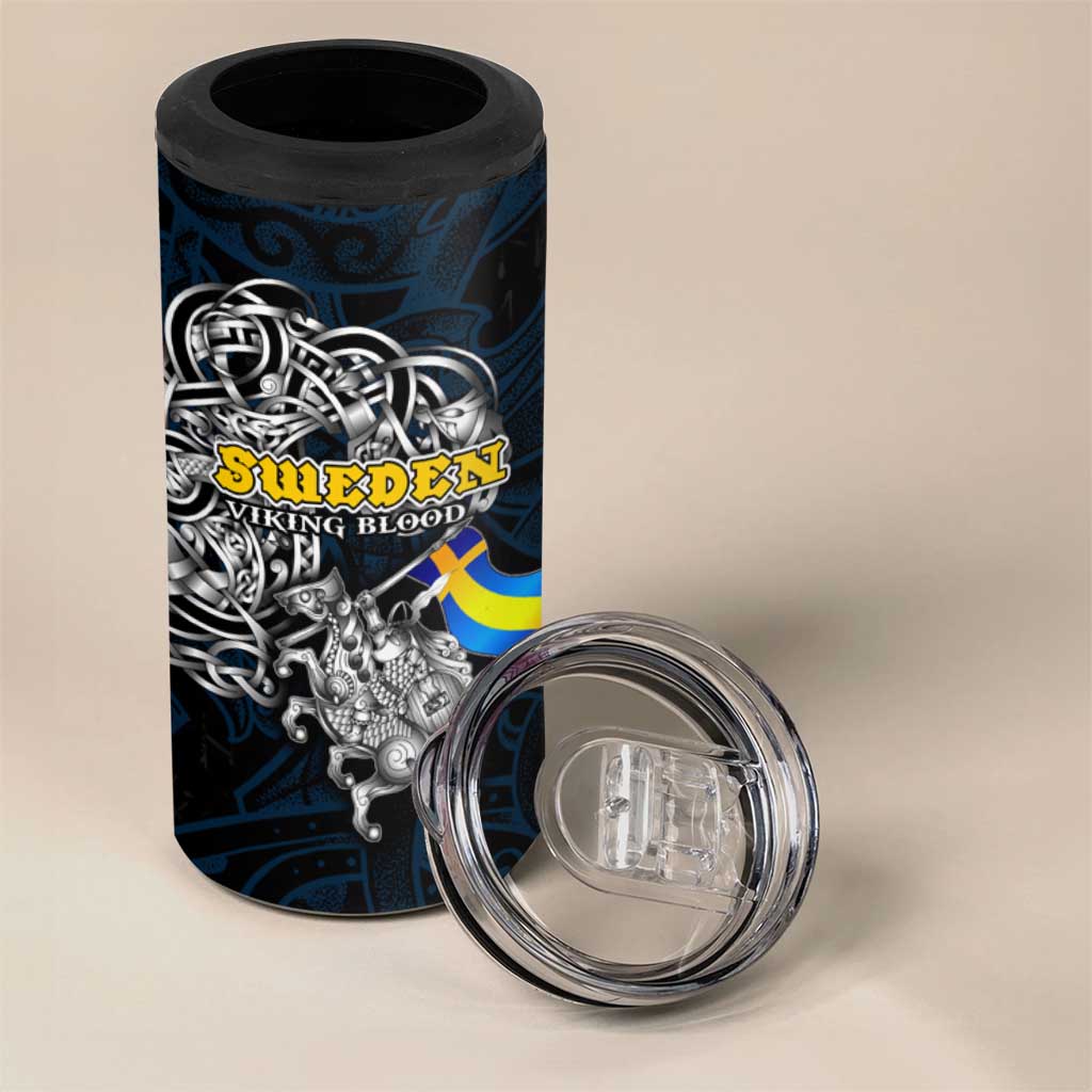 Sweden Viking Blood 4 in 1 Can Cooler Tumbler Nordic Runes and Shield of Ancestry in Tribal Knotwork