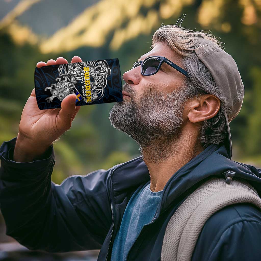 Sweden Viking Blood 4 in 1 Can Cooler Tumbler Nordic Runes and Shield of Ancestry in Tribal Knotwork