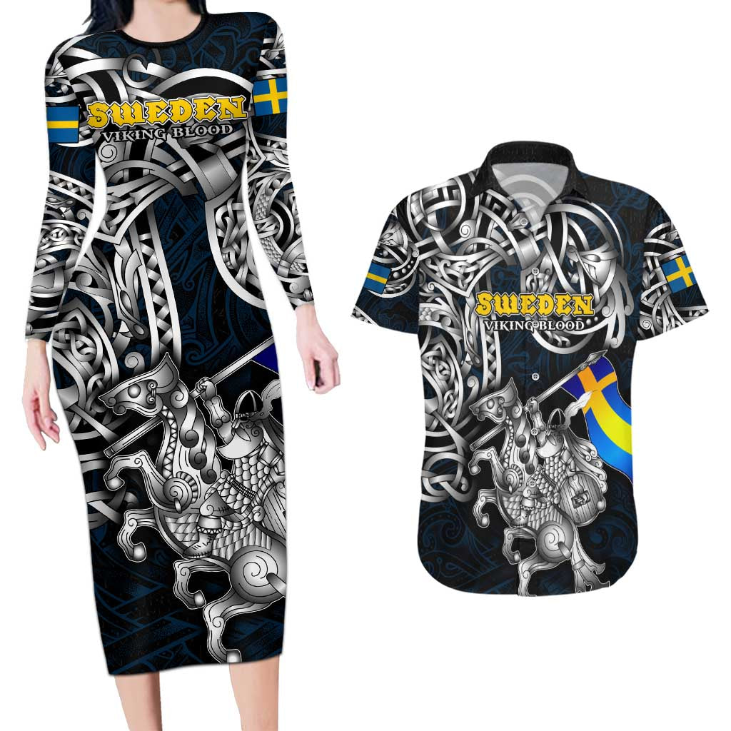 Personalized Sweden Viking Blood Couples Matching Long Sleeve Bodycon Dress and Hawaiian Shirt Nordic Runes and Shield of Ancestry in Tribal Knotwork