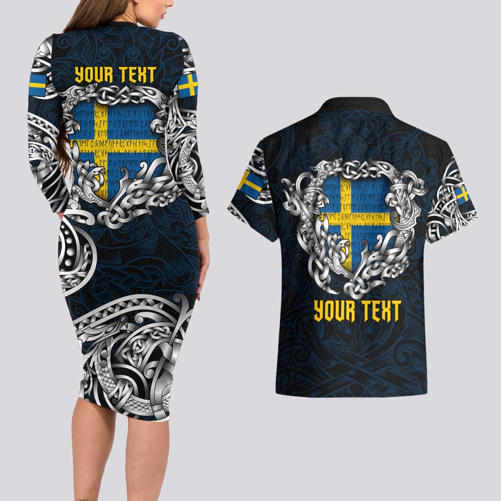 Personalized Sweden Viking Blood Couples Matching Long Sleeve Bodycon Dress and Hawaiian Shirt Nordic Runes and Shield of Ancestry in Tribal Knotwork