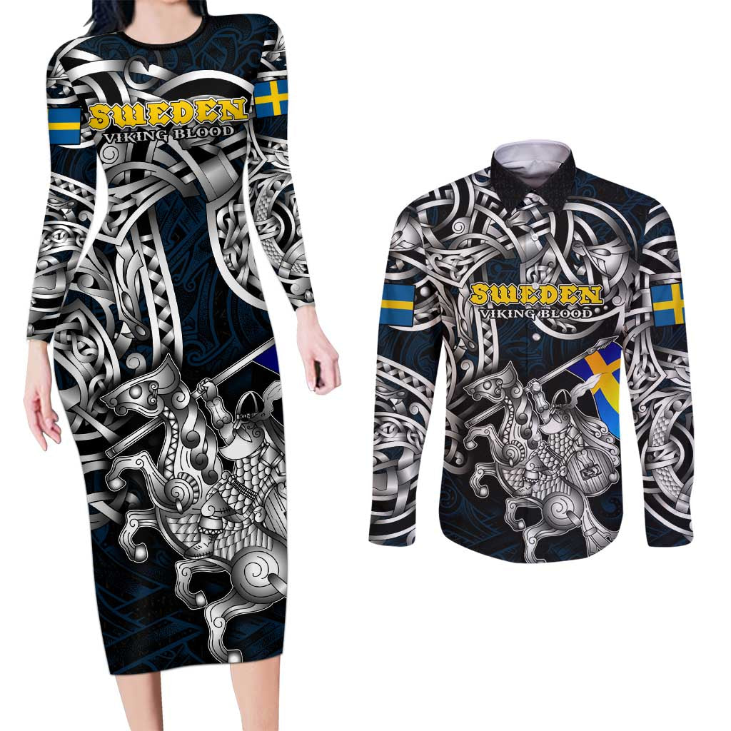 Personalized Sweden Viking Blood Couples Matching Long Sleeve Bodycon Dress and Long Sleeve Button Shirt Nordic Runes and Shield of Ancestry in Tribal Knotwork