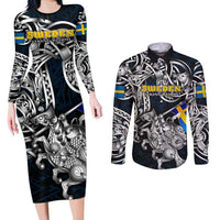 Personalized Sweden Viking Blood Couples Matching Long Sleeve Bodycon Dress and Long Sleeve Button Shirt Nordic Runes and Shield of Ancestry in Tribal Knotwork