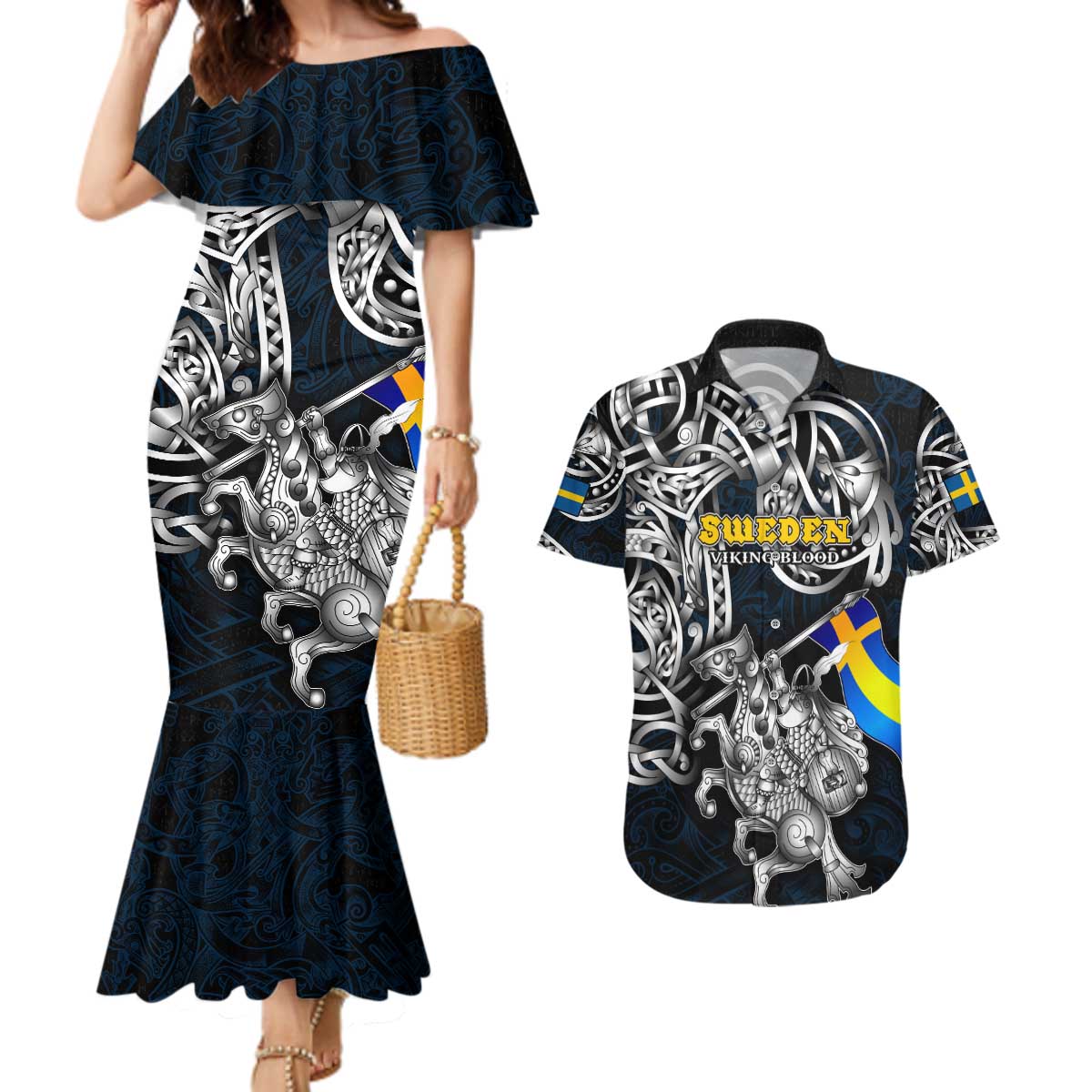 Personalized Sweden Viking Blood Couples Matching Mermaid Dress and Hawaiian Shirt Nordic Runes and Shield of Ancestry in Tribal Knotwork
