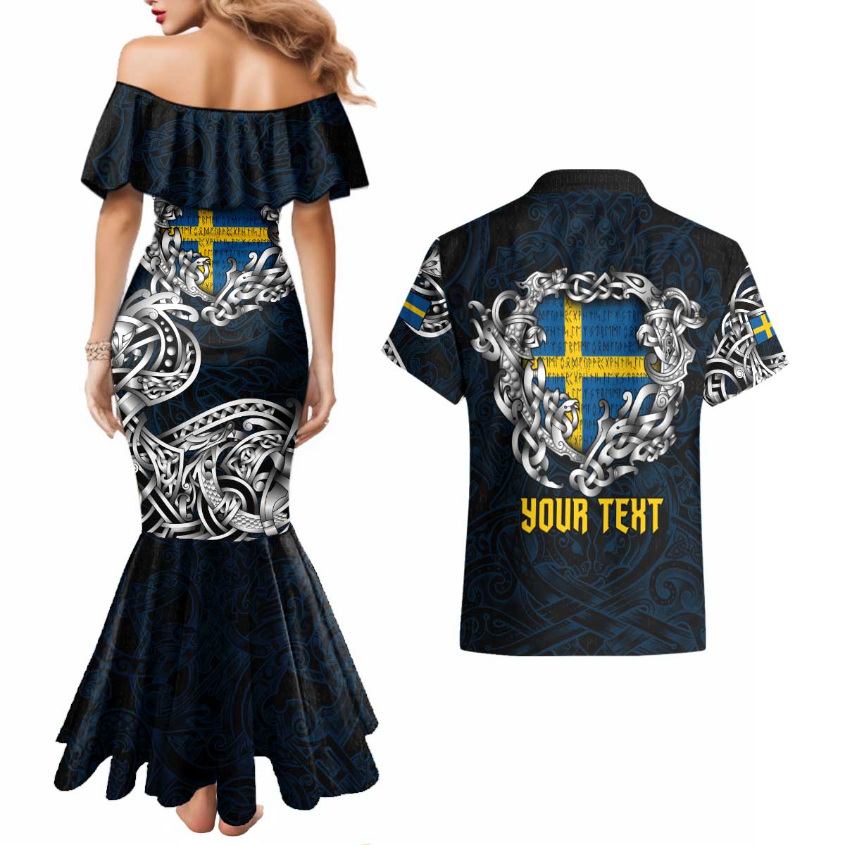 Personalized Sweden Viking Blood Couples Matching Mermaid Dress and Hawaiian Shirt Nordic Runes and Shield of Ancestry in Tribal Knotwork
