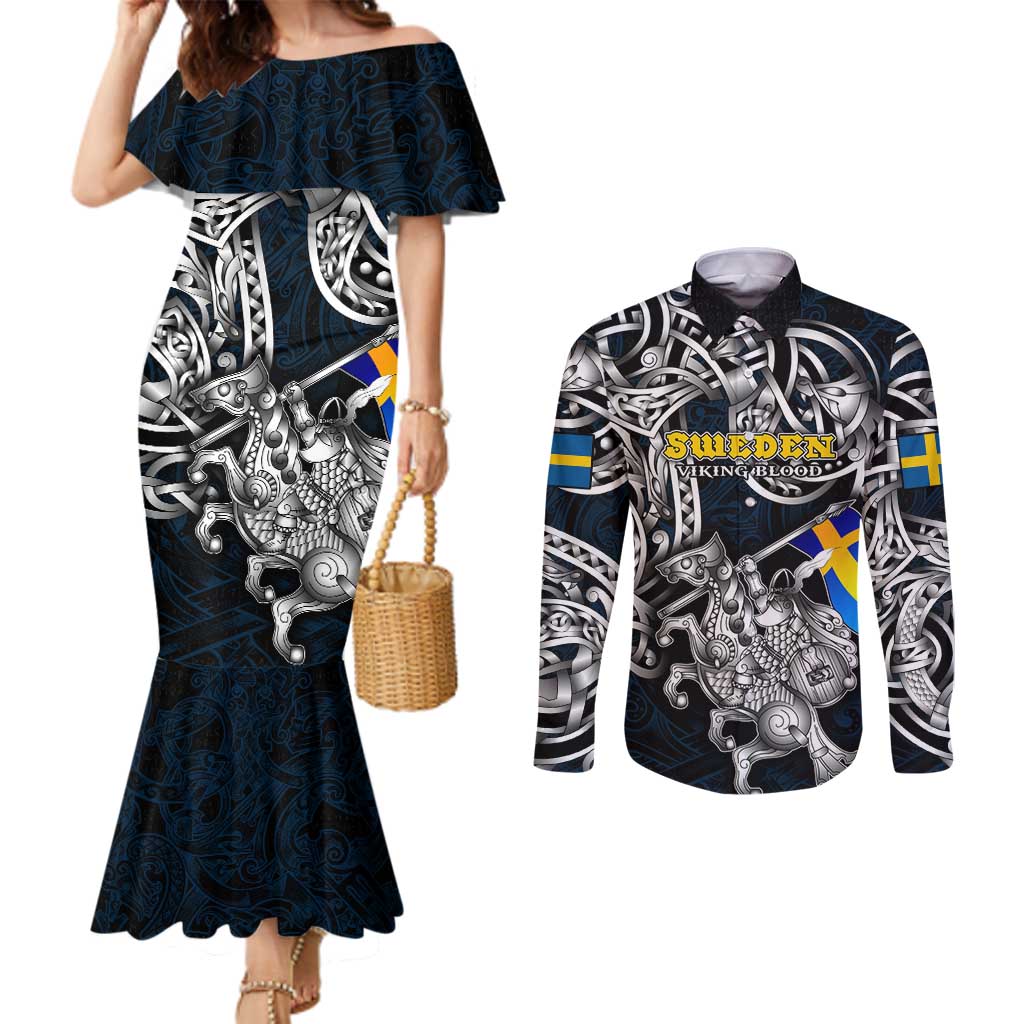 Personalized Sweden Viking Blood Couples Matching Mermaid Dress and Long Sleeve Button Shirt Nordic Runes and Shield of Ancestry in Tribal Knotwork