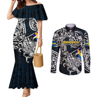 Personalized Sweden Viking Blood Couples Matching Mermaid Dress and Long Sleeve Button Shirt Nordic Runes and Shield of Ancestry in Tribal Knotwork