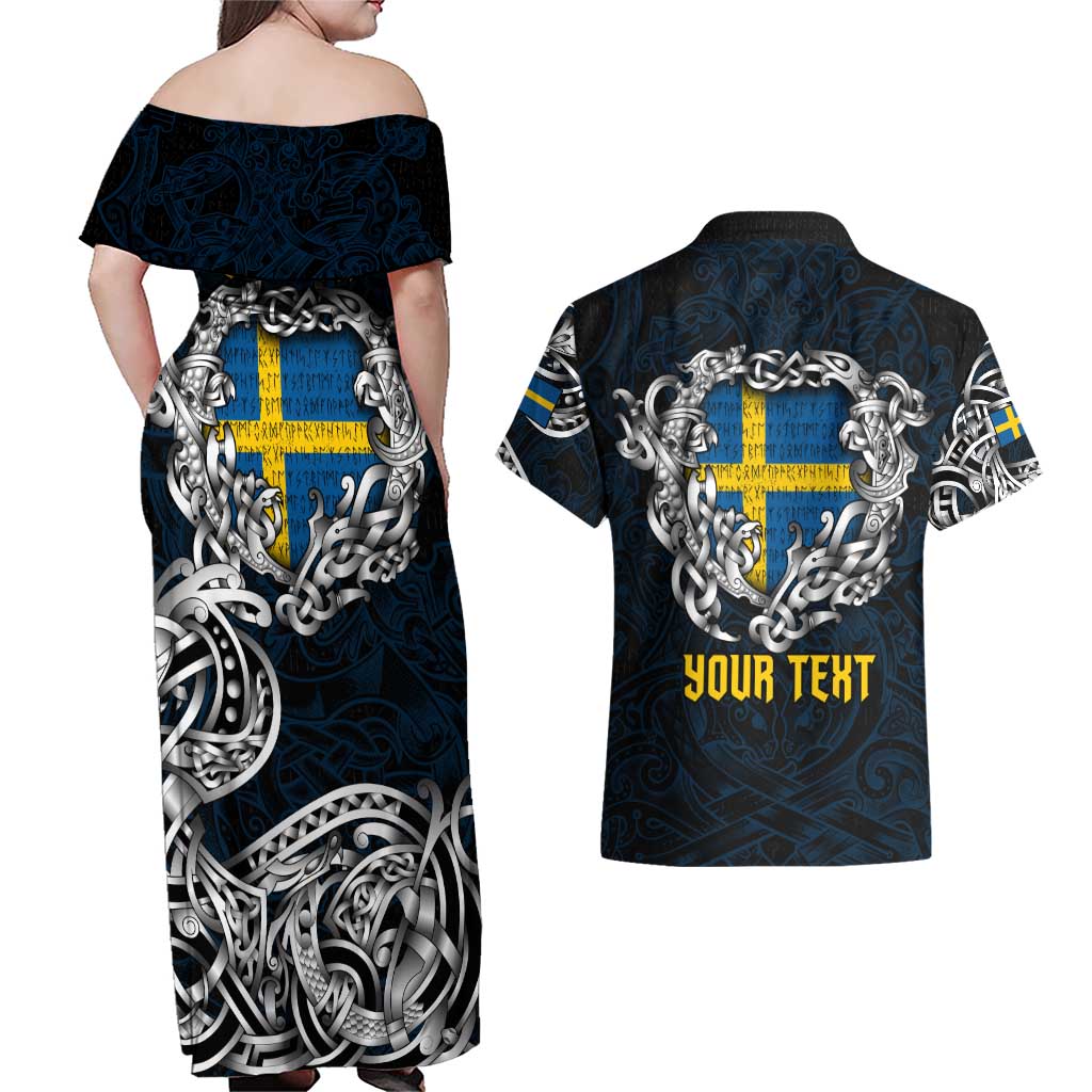 Personalized Sweden Viking Blood Couples Matching Off Shoulder Maxi Dress and Hawaiian Shirt Nordic Runes and Shield of Ancestry in Tribal Knotwork