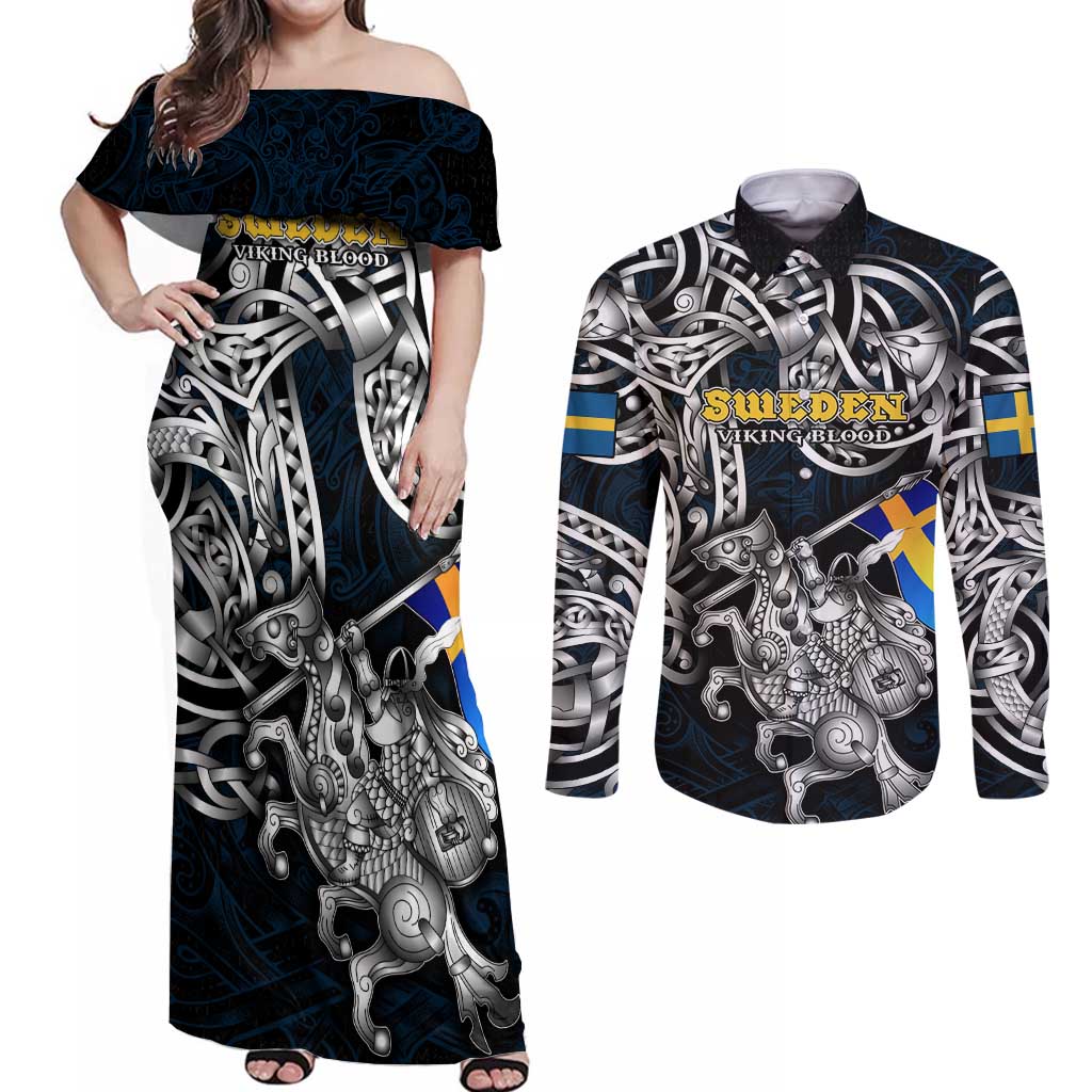 Personalized Sweden Viking Blood Couples Matching Off Shoulder Maxi Dress and Long Sleeve Button Shirt Nordic Runes and Shield of Ancestry in Tribal Knotwork