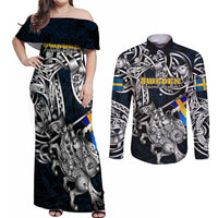 Personalized Sweden Viking Blood Couples Matching Off Shoulder Maxi Dress and Long Sleeve Button Shirt Nordic Runes and Shield of Ancestry in Tribal Knotwork
